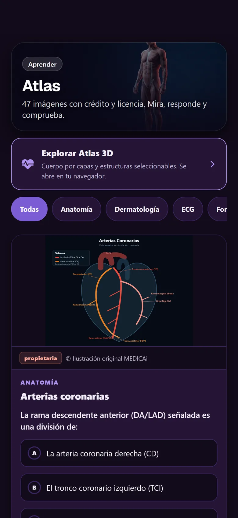 Pantalla de la app con una lámina del atlas anatómico.