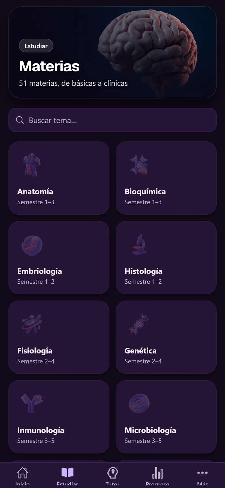 Pantalla de la app con la lista de materias del semestre.
