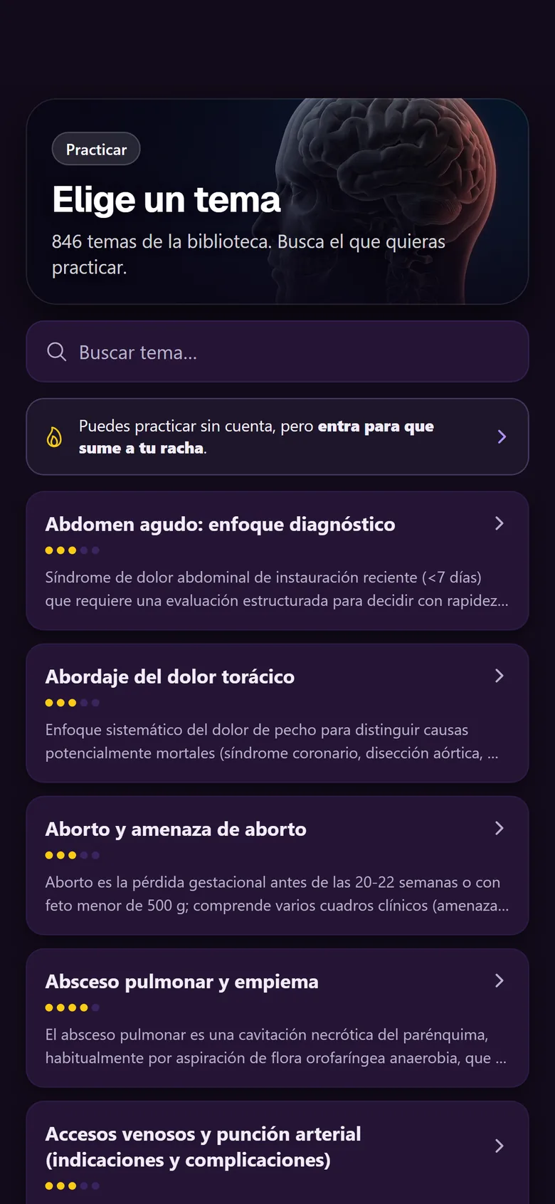 Pantalla de la app con una pregunta de práctica y sus opciones.