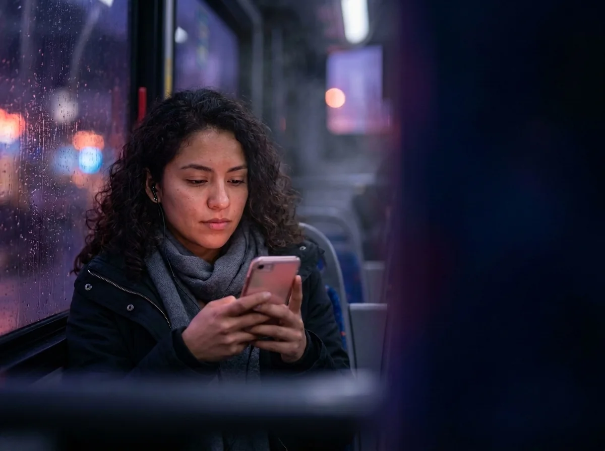 Estudiante de medicina repasando en su celular junto a la ventana de un bus.