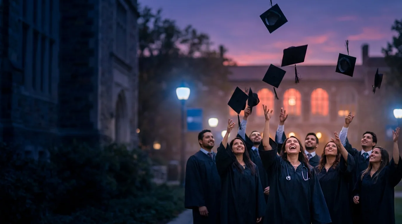 Recién graduados de medicina lanzando sus birretes al cielo al atardecer.