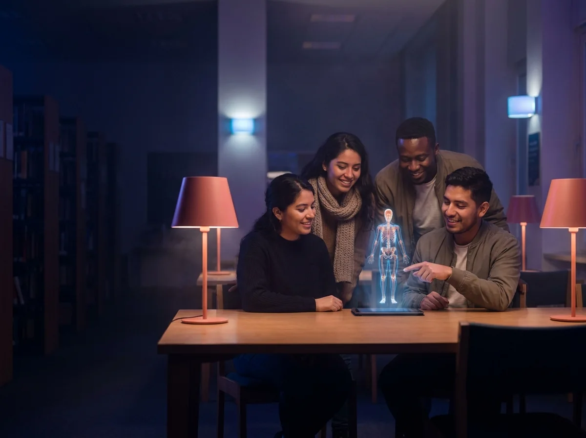 Grupo de estudiantes de medicina estudiando juntos alrededor de un esqueleto holográfico.