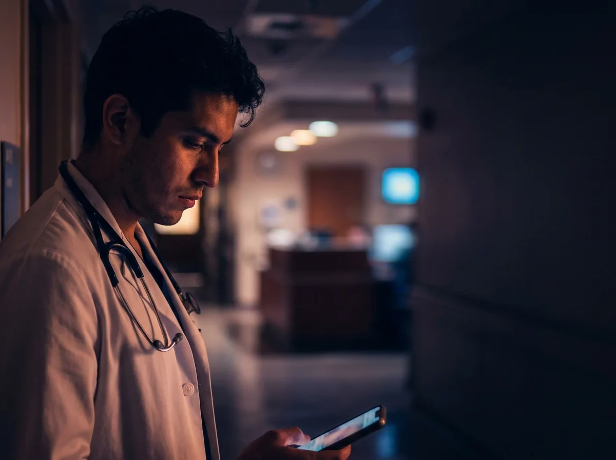 Estudiante de medicina con bata y fonendoscopio consultando su celular en el pasillo del hospital.