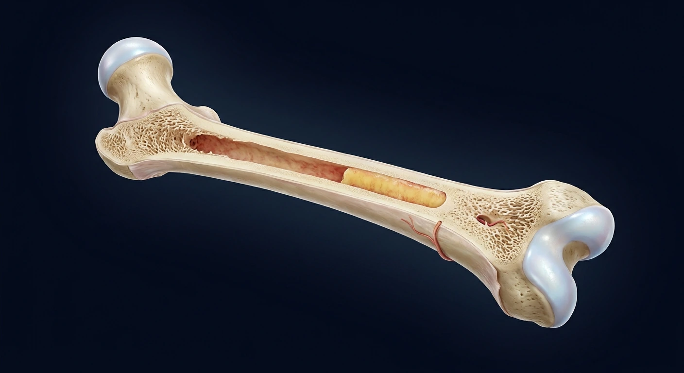 Fémur en corte: cortical, esponjosa y médula ósea