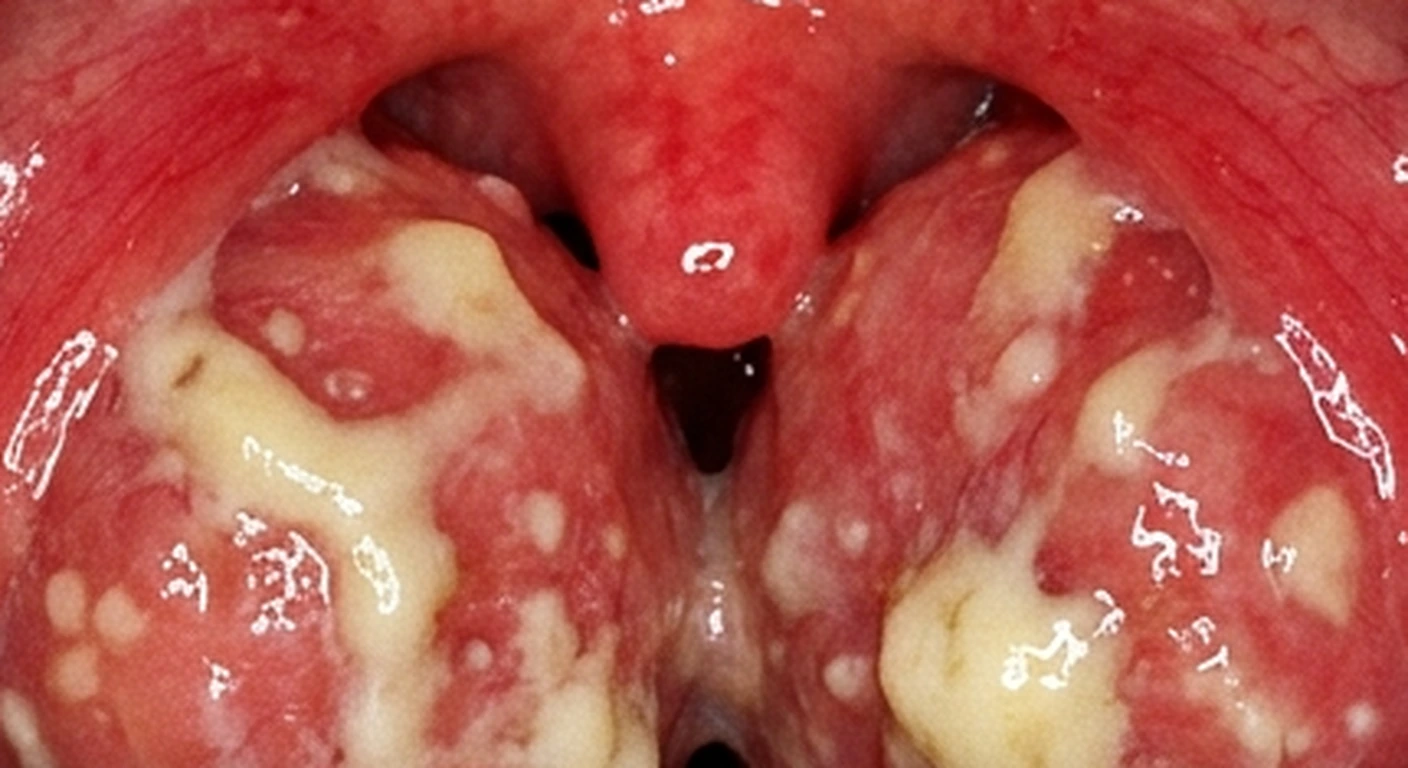 Otoscopia y orofaringoscopia: Exudado pultáceo en las criptas (detalle)