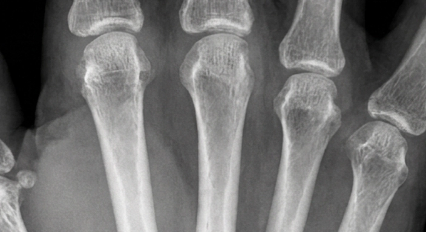 Radiografía ósea: Erosiones metacarpofalángicas (detalle)