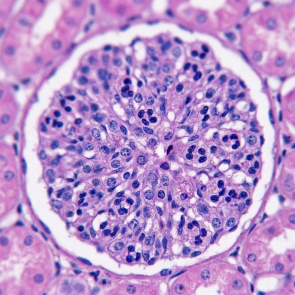 Anatomía patológica: Ovillo glomerular hipercelular (detalle)