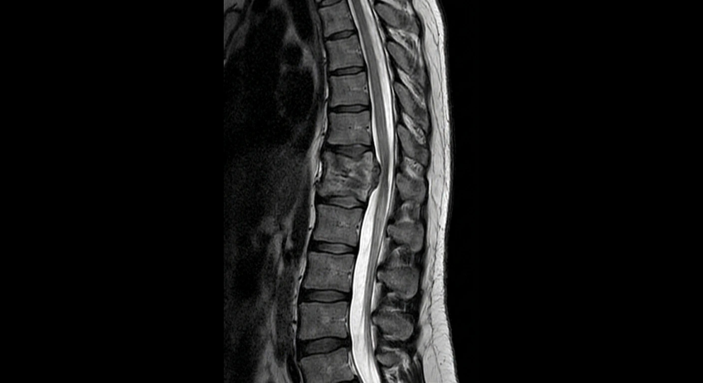 Resonancia magnética: Compresión medular dorsal por aplastamiento vertebral · sagital T2