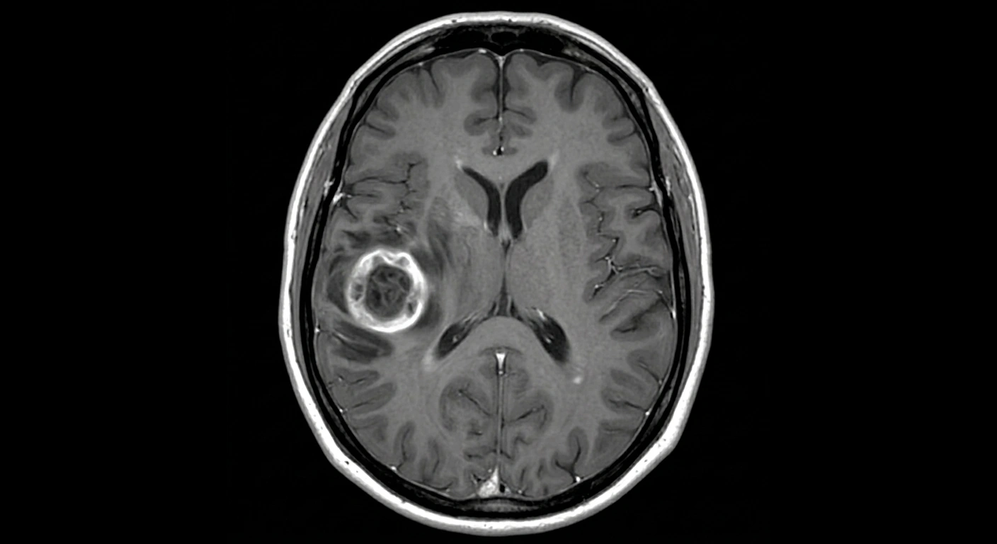 Resonancia magnética: Tumor cerebral con realce en anillo y centro necrótico · T1 CON GADOLINIO