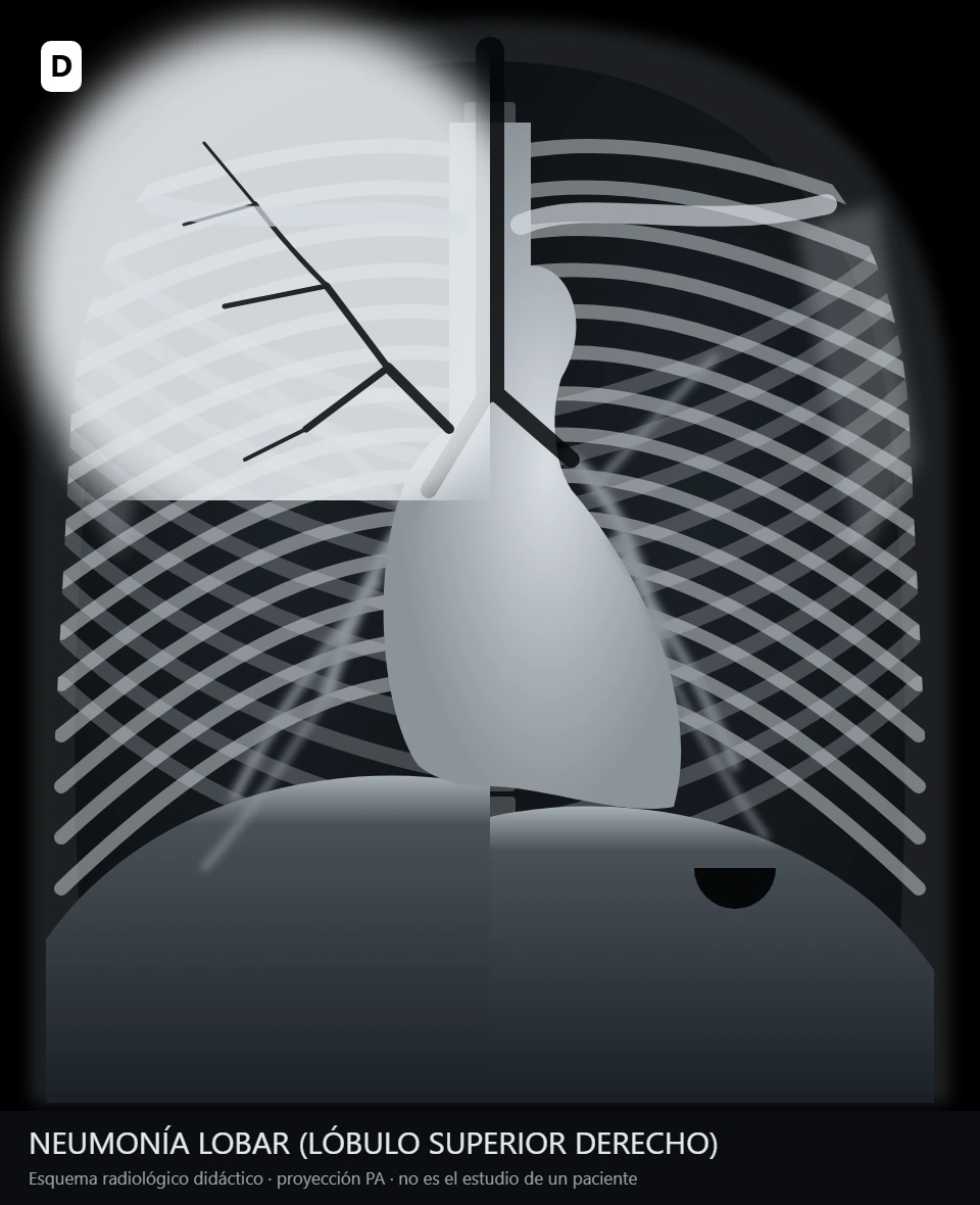 Consolidación neumónica en radiografía de tórax