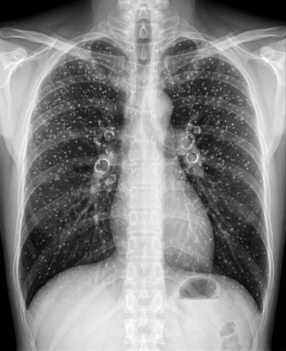 Silicosis con patrón micronodular y adenopatías en cáscara de huevo