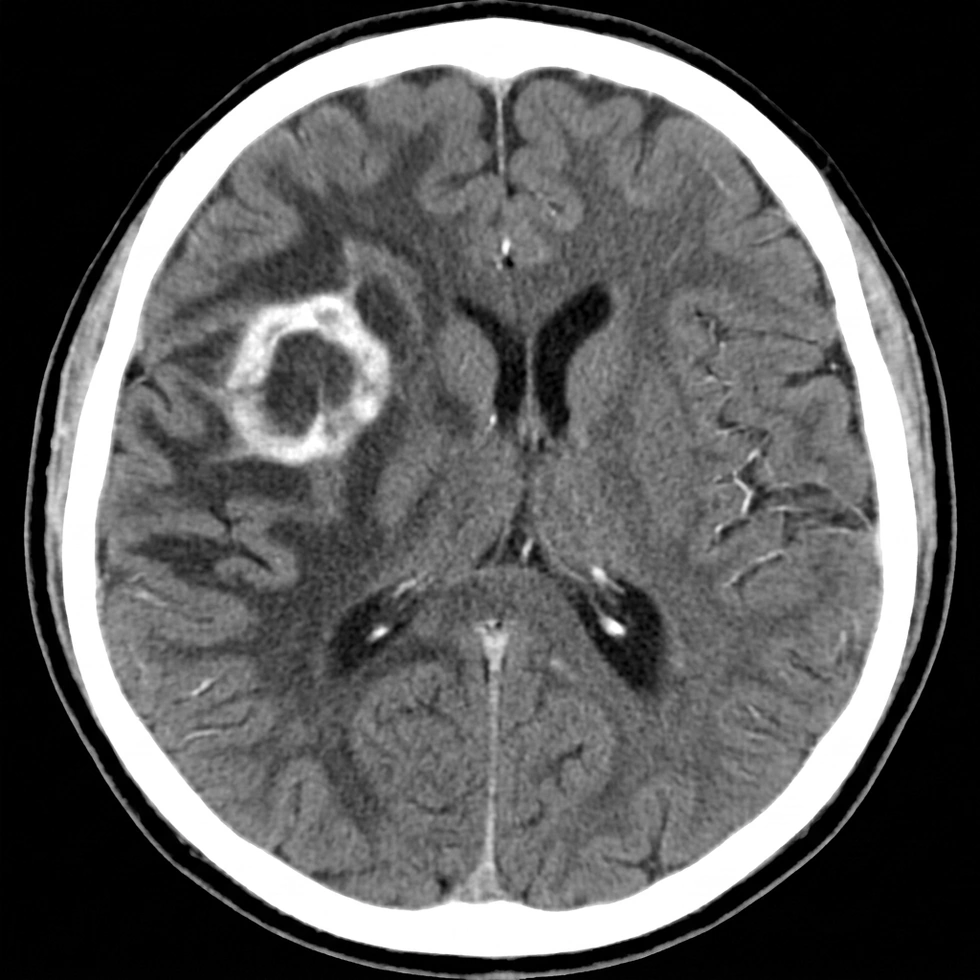 Tumor cerebral con realce en anillo, edema y efecto de masa en TC con contraste