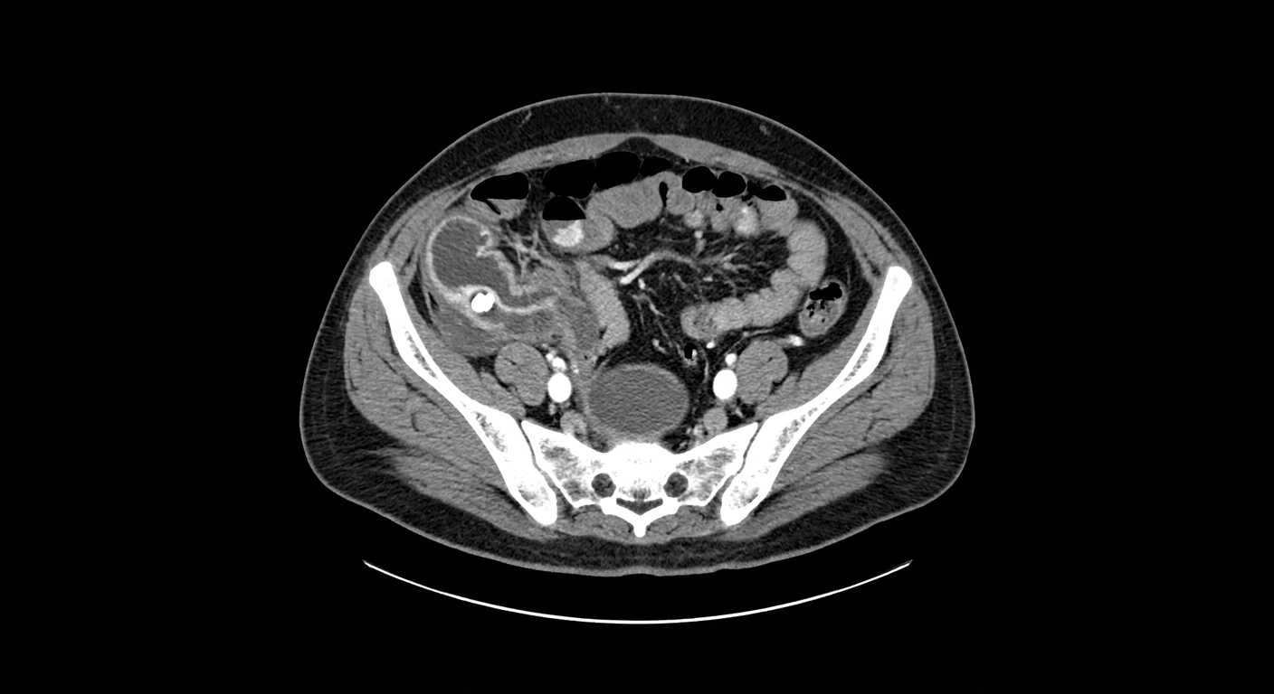 TAC de tórax y abdomen: Apendicitis aguda: apéndice dilatado, apendicolito y grasa sucia · VENTANA DE PARTES BLANDAS