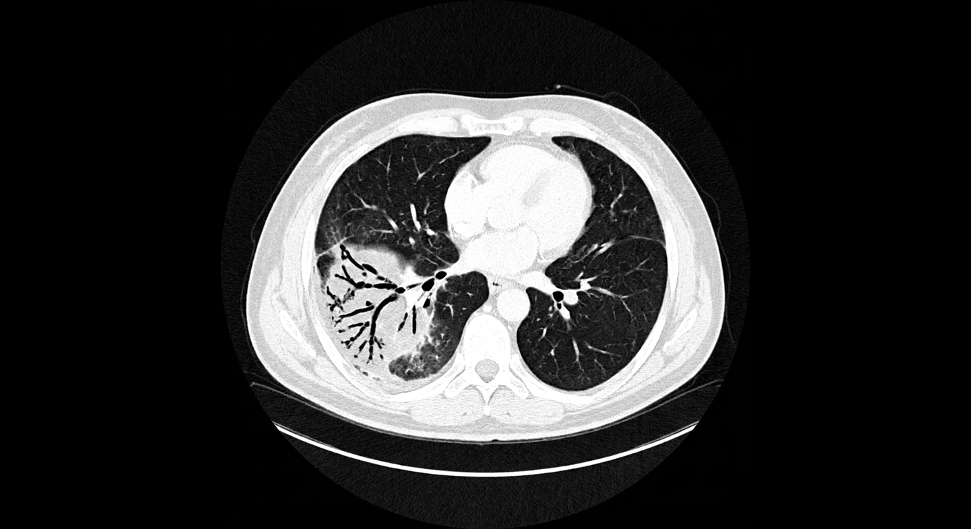 TAC de tórax y abdomen: Neumonía lobar con broncograma aéreo en el lóbulo inferior derecho · VENTANA DE PULMÓN