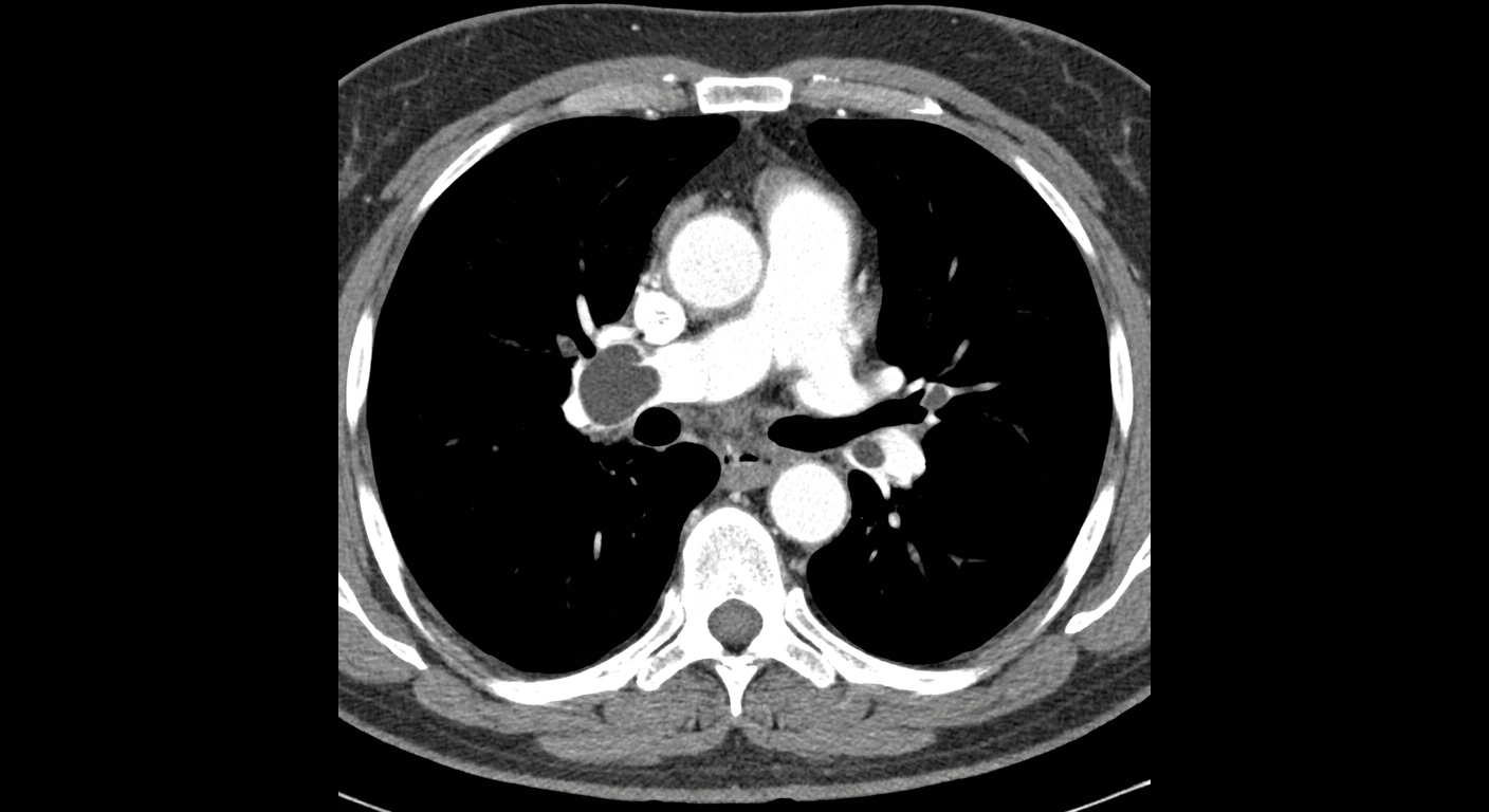TAC de tórax y abdomen: Tromboembolia pulmonar: defectos de repleción en las arterias pulmonares · angio-TAC, VENTANA DE MEDIASTINO